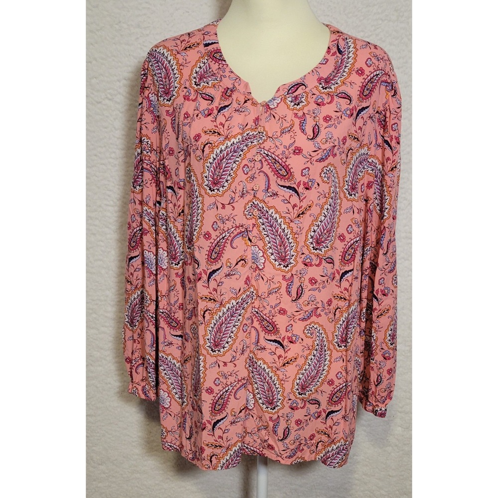 Talbots Plus Blouse Size 3X Top V-Neck Floral Pink 100% Rayon Boho 1046